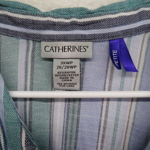 Catherines Shirt Womens Size 3X Stripe Blouse Blue Green Roll Tab Sleeves - Picture 4 of 8